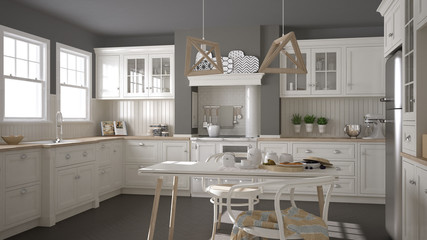 Scandinavian classic white kitchen with wooden details, minimali
