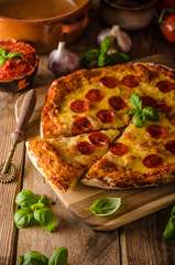 Homemade cheese pizza with salami