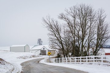 Road and view of snow covered farm, near Jefferson, Pennsylvania