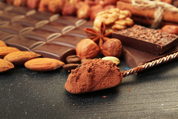 Cacao powder dessert spoon, chocolate pieces, almonds,  filbert,