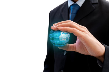 Businessman holding global business world