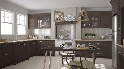 Scandinavian classic kitchen with wooden and brown details, mini