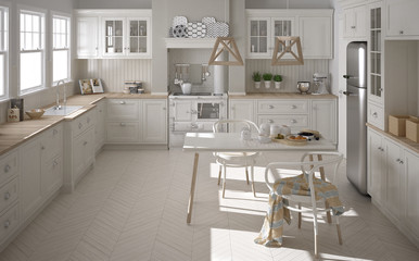 Scandinavian classic white kitchen with wooden details, minimali