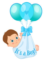 Cute Toddlers. It's A Boy Vector. Baby Boy Shower Invitation Card. Color Balloons Carrying A Cute Baby Boy. Baby Boy Vector Illustration. Cute Cartoon Babies.