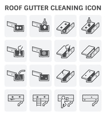Roof gutter cleaning and maintenance vector icon.