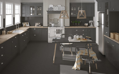 Scandinavian classic gray kitchen with wooden details, minimalis