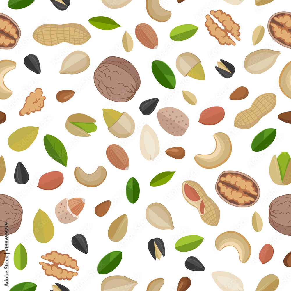 Poster vector seamless pattern with nuts and seeds.