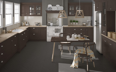 Scandinavian classic kitchen with wooden and brown details, mini