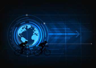 silhouette man ride bicycle on earth with abstract blue background.