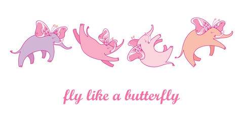 Vector illustration with pink flying elephant with ornate butterfly wings isolated on white background. Set with cartoon cute elephants in contour style for kids design. Fly like a butterfly concept.