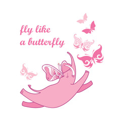 Vector illustration with pink flying elephant and ornate butterfly isolated on white background. Cartoon cute elephant in contour style for kids design. Fly like a butterfly concept.