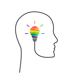 Creative thinking and imagination concept. Head and profile line made of wire and light bulb made of colorful paint strokes © lvnl