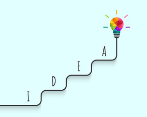 Creativity concept with step by step arriving to the idea and success. Abstract colorful light bulb design.