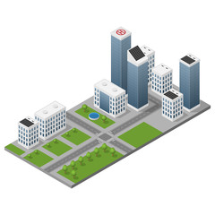 Isometric isolated modern city with skyscrapers, streets, sidewalks and trees.
