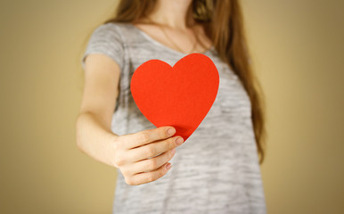 Female hands holding blank empty red Valentines card with heart