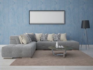 Mock up poster in a modern living room on the background of decorative plaster with a fashionable corner sofa.