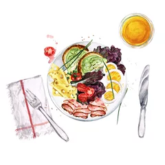 Gordijnen Breakfast or lunch food platter. Watercolor Illustration © nataliahubbert