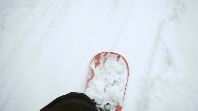 Young man snowboarder in green suit slides down snow forest slope
