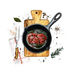 Gordijnen Biefstuk in een koekenpan. Aquarel Illustratie © nataliahubbert