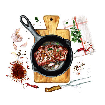 Ribs in a frying pan. Watercolor Illustration