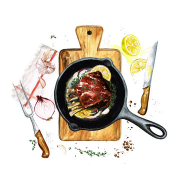 Ribs in a frying pan. Watercolor Illustration