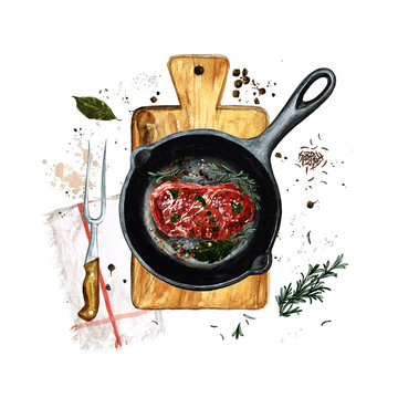 Steak in a frying pan. Watercolor Illustration