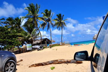 Plakat Tropical beach with white sand, palm trees and blue sky from the car view