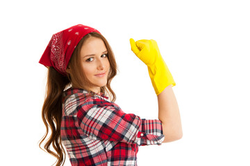 Woman with yellow rubber gloves gestures we can do it  isolated