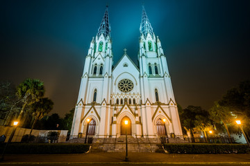 The Cathedral of St. John the Baptist at night, in Savannah, Geo