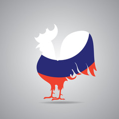 Illustration of gallic rooster in french flag colors. Silhouette of symbol of France le Coq Gaulois in tricolor isolated on a light grey background. Fully editable image for use as a poster or logo.