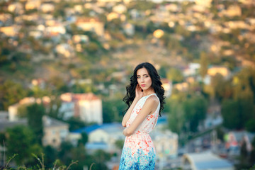 Close-up Fashion woman portrait of young pretty trendy girl posing at the city in Europe,summer street fashion. .laughing and smiling portrait.trendy