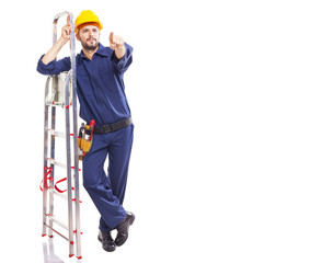 Worker standing pointing with aluminum stepladder, isolated on w