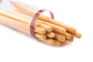 Toasted wheat bread sticks isolated on a white background.