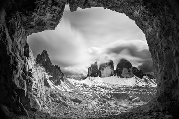 Three peaks. National Park Tre Cime di Lavaredo. Dolomites, South Tyrol, Italy - obrazy, fototapety, plakaty