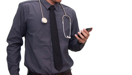 Medicine octor working with his digital tablet on white background