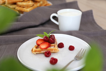 Waffle with season fruit / Sweet dessert with coffee    