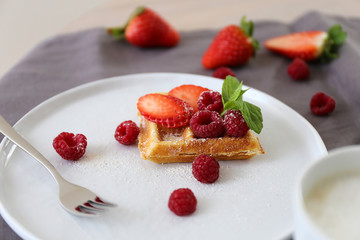Waffle with season fruit / Sweet dessert with coffee    