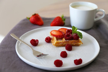 Waffle with season fruit / Sweet dessert with coffee    
