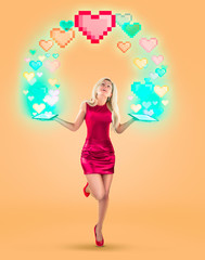 Valentine's Day red hearts over beautiful blonde woman. On a yellow background. High resolution photo.
