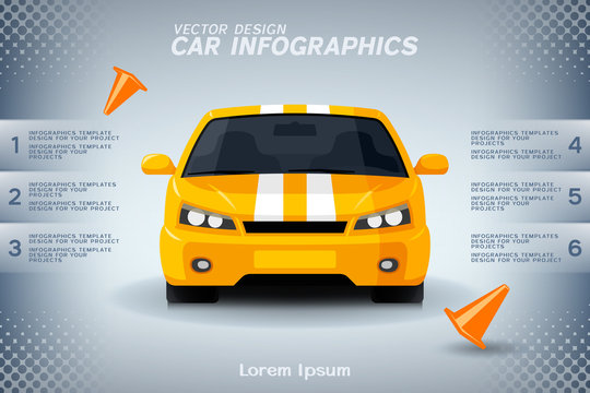 Automotive infographics design with generic yellow sports car and orange road cones