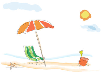 Vector background summer on the beach, childish drawing handmade