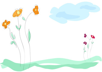 Fototapeta na wymiar Vector background spring, flowers on the lawn, childish drawing