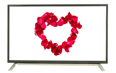 heart from roses petals for valentine on white background, television