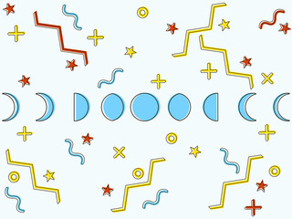 The phases of the moon in the style of Memphis. Geometric elements memphis in the style of 80's. Vector illustration