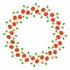 Elegant round frame of strawberries. Simple spring decoration of the plant elements in a flat style.