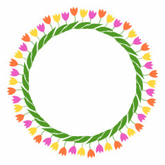 Round bright frame of flowers. Tulips in a flat style of decor for wedding invitations, photos, summer and spring themes.