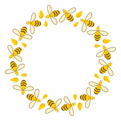 Round frame of bees and honey drops. Insects in flat-style decor for summer and spring themes. Beekeeping and apitherapy products.