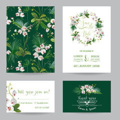 Save the Date Card Set. Tropical Orchid Flowers and Leaves Wedding Invitation Set