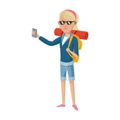 woman with backpack over white background. people traveling concept. colorful design. vector illustration