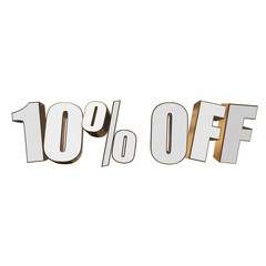 10 percent off letters on white background. 3d render isolated.